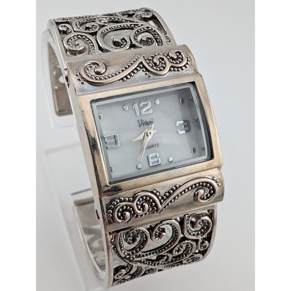 Vivani‎ Watch Women 27mm Case MOP Dial Filigree Cuff Bangle Band- New Battery